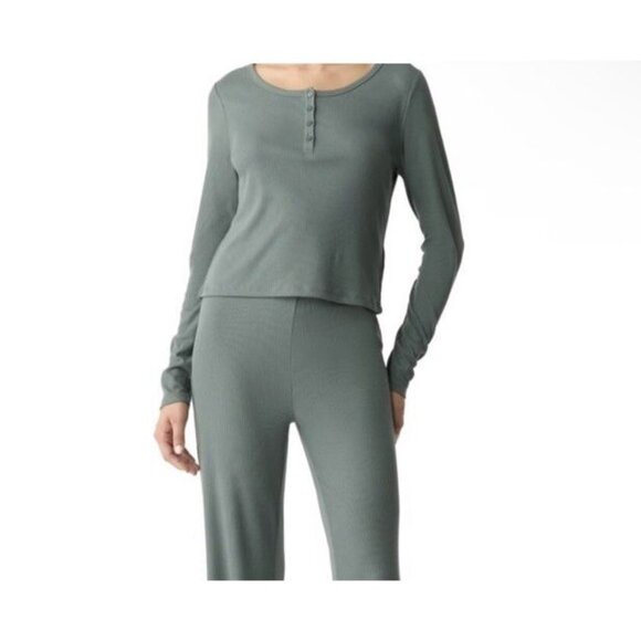 GAP Body Women’s Lounge Sleep Set L Green Top & Gray Pants Ribbed Soft Pajama - Picture 6 of 10